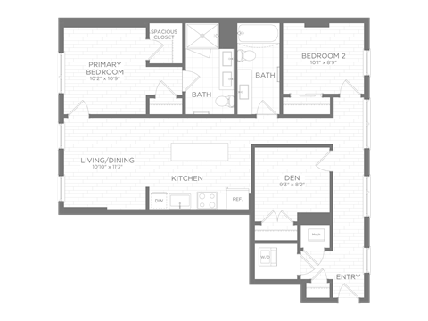Floor plan for 2 beds, 2 baths, 1018 sqft